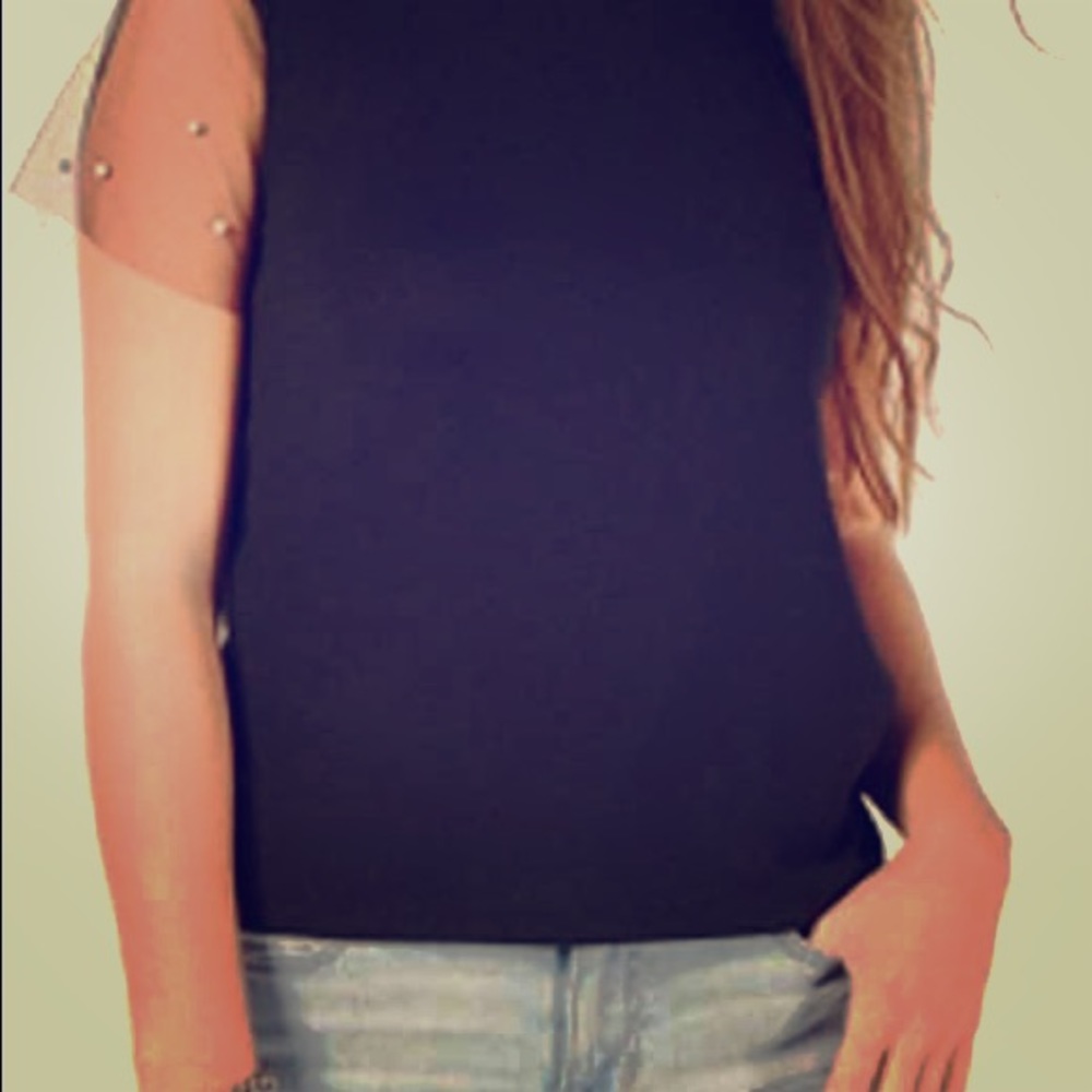 Crave Fame Pearl Embellished Mesh Sleeve Top